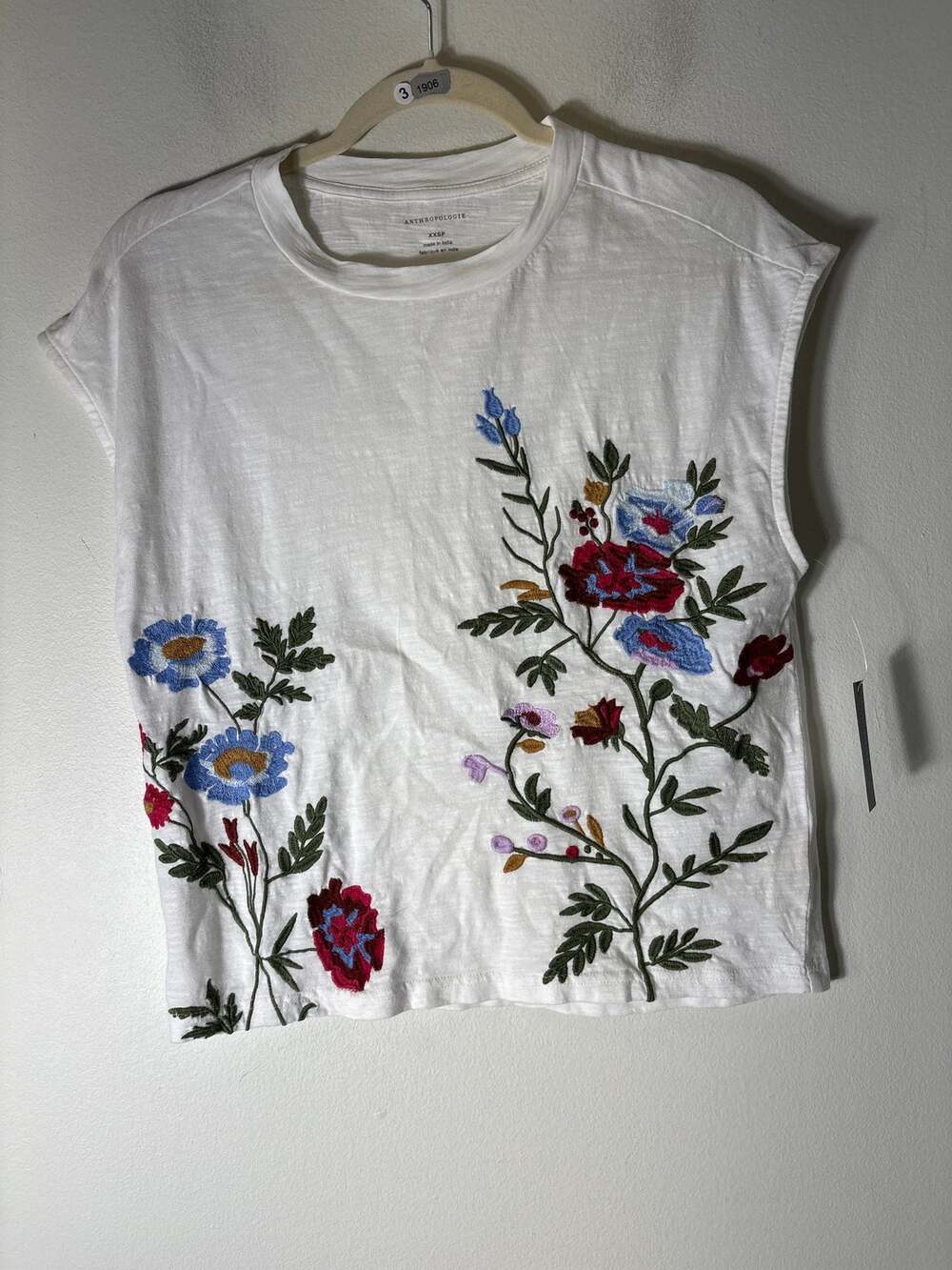NWT Anthropologie Flower Embroidery Muscle Tee Sz XXSP